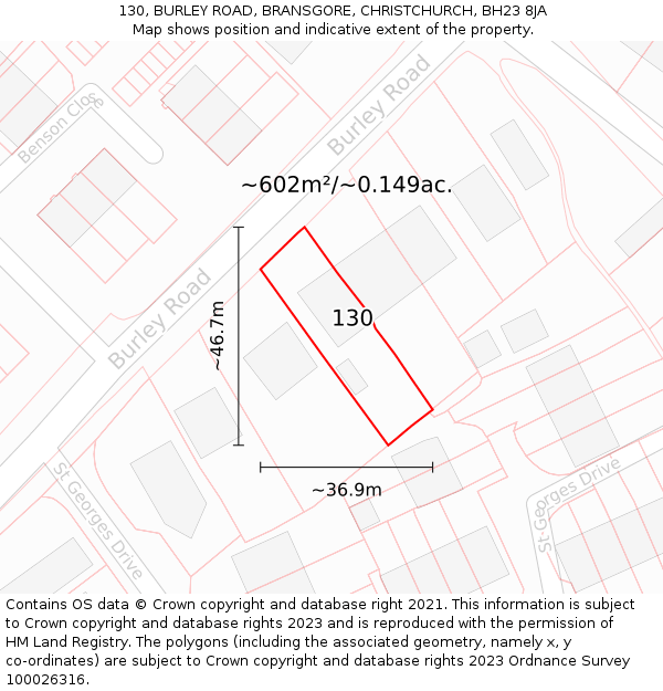 130, BURLEY ROAD, BRANSGORE, CHRISTCHURCH, BH23 8JA: Plot and title map