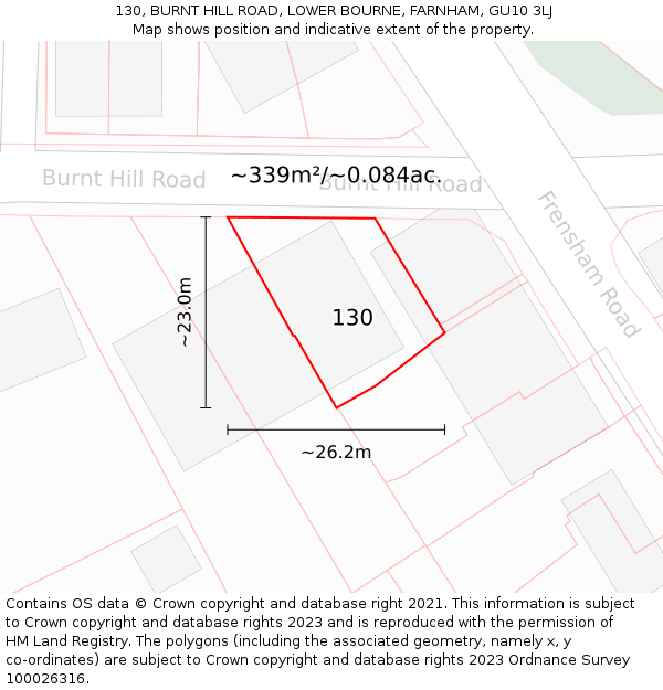 130, BURNT HILL ROAD, LOWER BOURNE, FARNHAM, GU10 3LJ: Plot and title map
