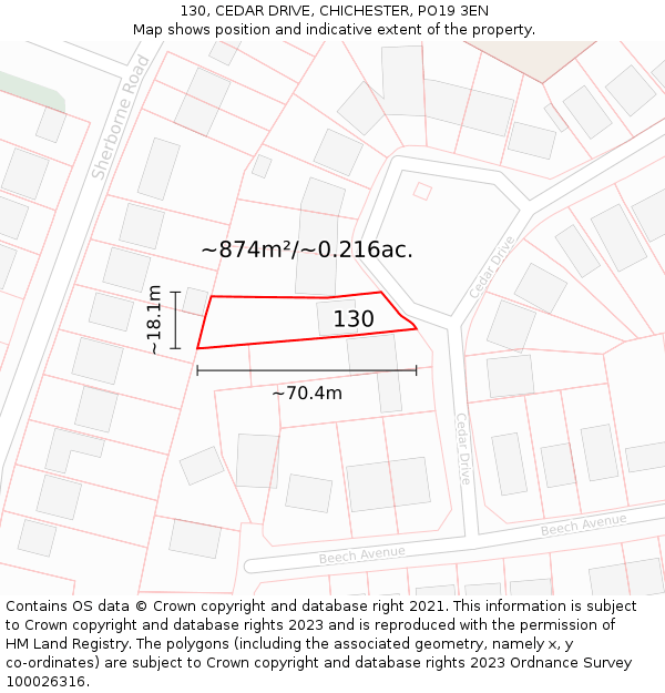 130, CEDAR DRIVE, CHICHESTER, PO19 3EN: Plot and title map