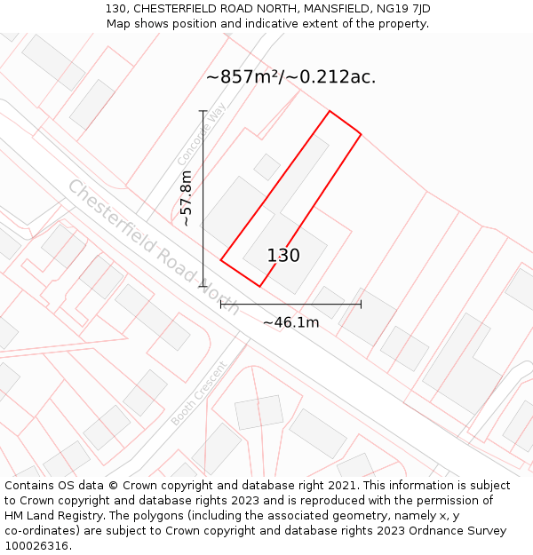 130, CHESTERFIELD ROAD NORTH, MANSFIELD, NG19 7JD: Plot and title map