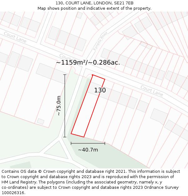 130, COURT LANE, LONDON, SE21 7EB: Plot and title map