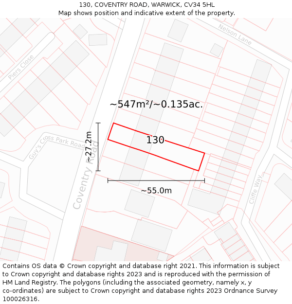 130, COVENTRY ROAD, WARWICK, CV34 5HL: Plot and title map