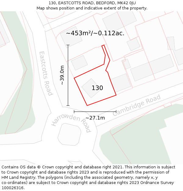 130, EASTCOTTS ROAD, BEDFORD, MK42 0JU: Plot and title map