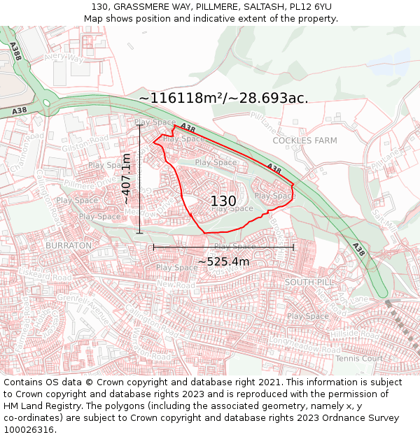 130, GRASSMERE WAY, PILLMERE, SALTASH, PL12 6YU: Plot and title map