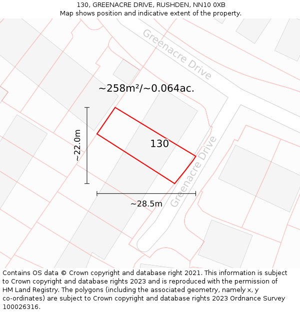 130, GREENACRE DRIVE, RUSHDEN, NN10 0XB: Plot and title map
