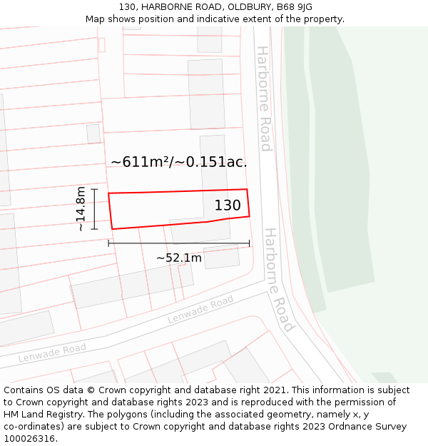 130, HARBORNE ROAD, OLDBURY, B68 9JG: Plot and title map