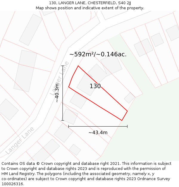 130, LANGER LANE, CHESTERFIELD, S40 2JJ: Plot and title map