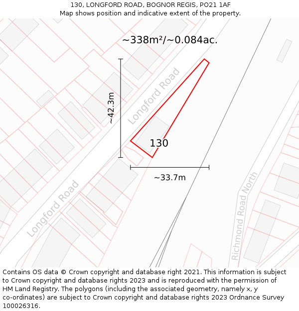 130, LONGFORD ROAD, BOGNOR REGIS, PO21 1AF: Plot and title map