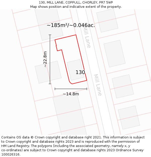 130, MILL LANE, COPPULL, CHORLEY, PR7 5WP: Plot and title map