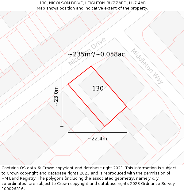 130, NICOLSON DRIVE, LEIGHTON BUZZARD, LU7 4AR: Plot and title map