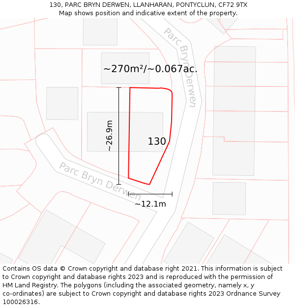 130, PARC BRYN DERWEN, LLANHARAN, PONTYCLUN, CF72 9TX: Plot and title map