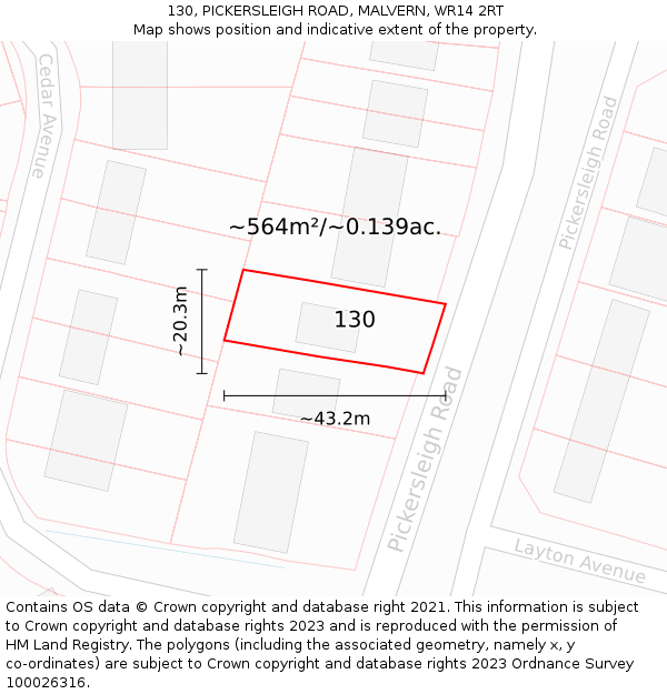 130, PICKERSLEIGH ROAD, MALVERN, WR14 2RT: Plot and title map