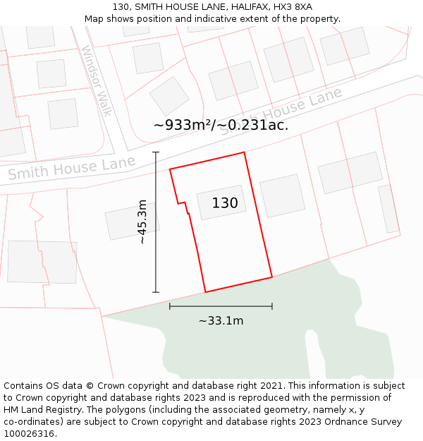 130, SMITH HOUSE LANE, HALIFAX, HX3 8XA: Plot and title map