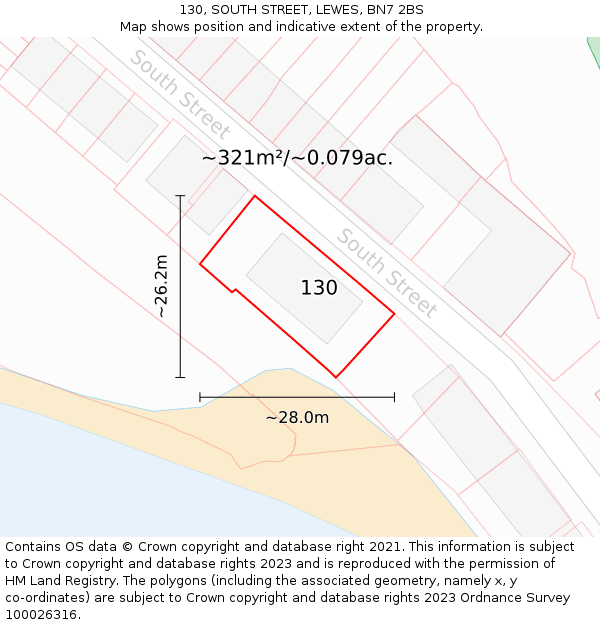 130, SOUTH STREET, LEWES, BN7 2BS: Plot and title map