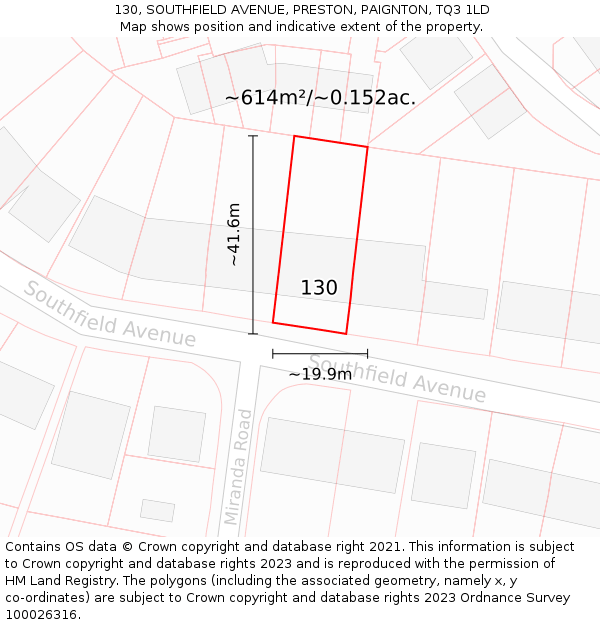 130, SOUTHFIELD AVENUE, PRESTON, PAIGNTON, TQ3 1LD: Plot and title map