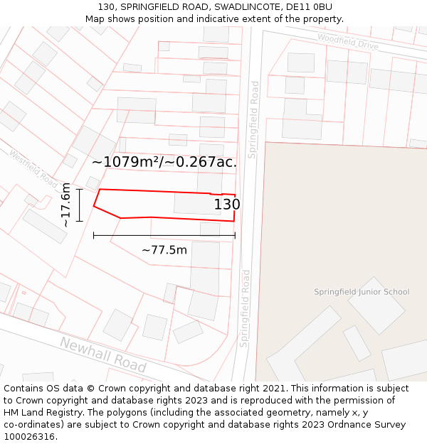 130, SPRINGFIELD ROAD, SWADLINCOTE, DE11 0BU: Plot and title map