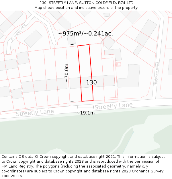 130, STREETLY LANE, SUTTON COLDFIELD, B74 4TD: Plot and title map