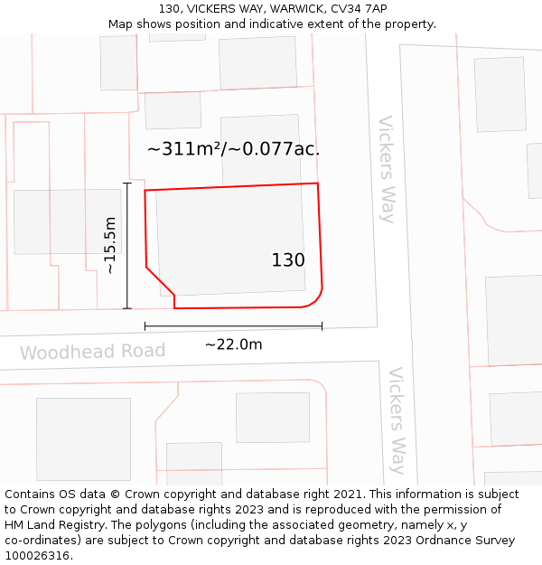 130, VICKERS WAY, WARWICK, CV34 7AP: Plot and title map