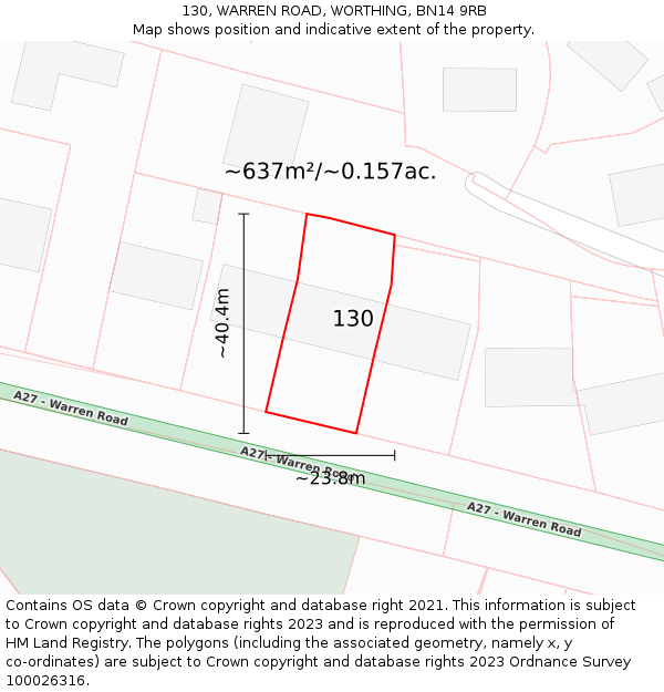 130, WARREN ROAD, WORTHING, BN14 9RB: Plot and title map