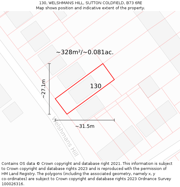 130, WELSHMANS HILL, SUTTON COLDFIELD, B73 6RE: Plot and title map