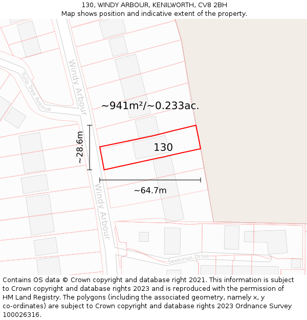 130, WINDY ARBOUR, KENILWORTH, CV8 2BH: Plot and title map