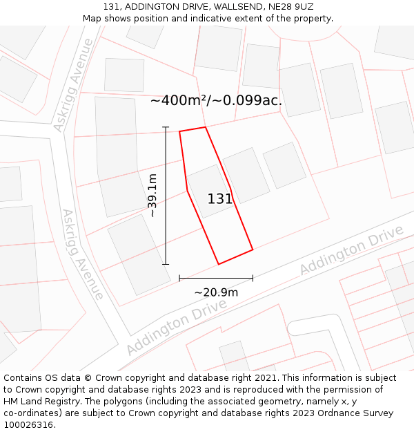 131, ADDINGTON DRIVE, WALLSEND, NE28 9UZ: Plot and title map