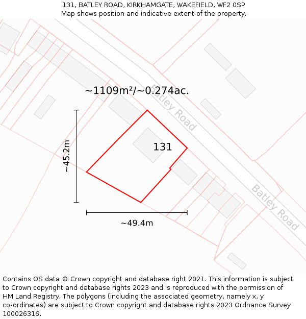 131, BATLEY ROAD, KIRKHAMGATE, WAKEFIELD, WF2 0SP: Plot and title map