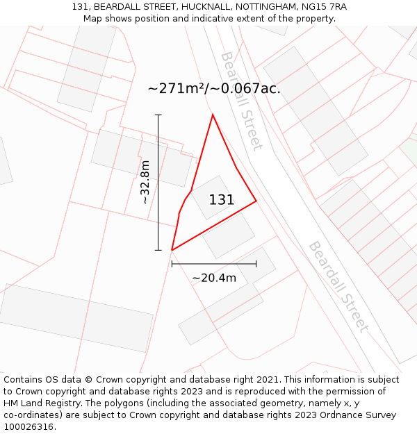 131, BEARDALL STREET, HUCKNALL, NOTTINGHAM, NG15 7RA: Plot and title map