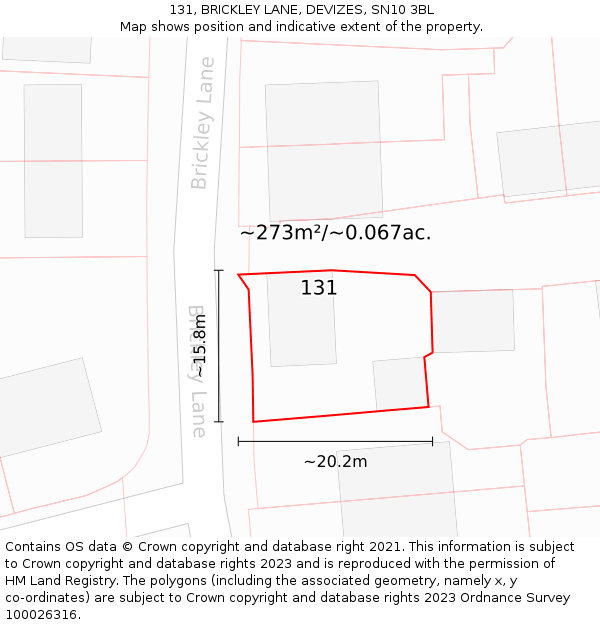131, BRICKLEY LANE, DEVIZES, SN10 3BL: Plot and title map
