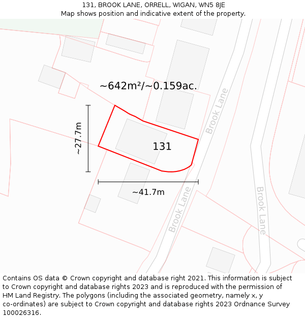131, BROOK LANE, ORRELL, WIGAN, WN5 8JE: Plot and title map