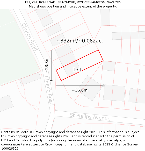 131, CHURCH ROAD, BRADMORE, WOLVERHAMPTON, WV3 7EN: Plot and title map