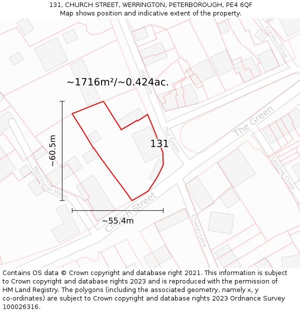 131, CHURCH STREET, WERRINGTON, PETERBOROUGH, PE4 6QF: Plot and title map