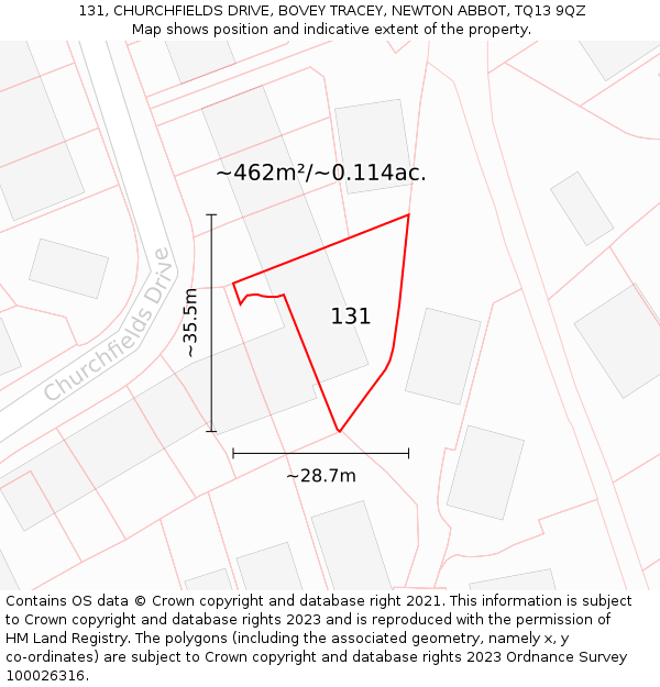 131, CHURCHFIELDS DRIVE, BOVEY TRACEY, NEWTON ABBOT, TQ13 9QZ: Plot and title map