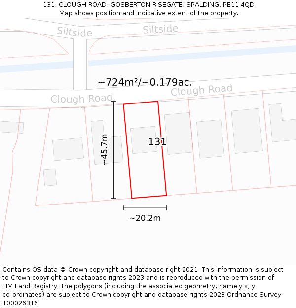 131, CLOUGH ROAD, GOSBERTON RISEGATE, SPALDING, PE11 4QD: Plot and title map