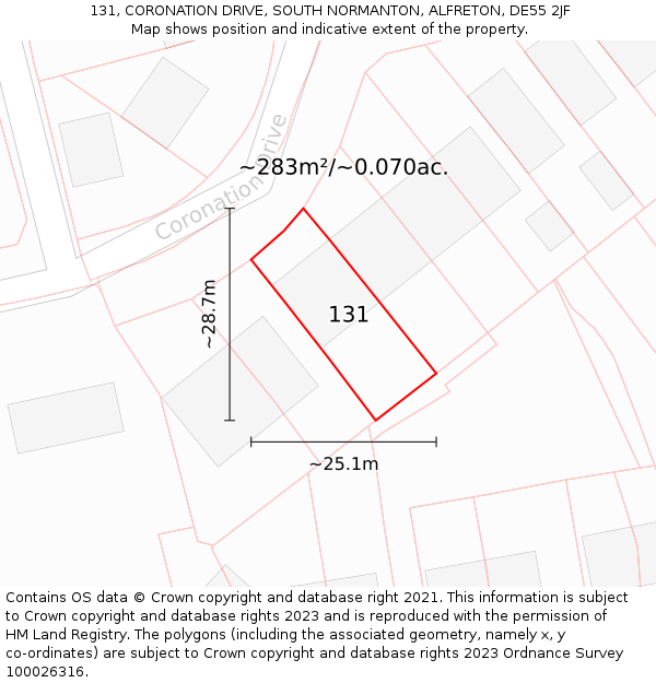 131, CORONATION DRIVE, SOUTH NORMANTON, ALFRETON, DE55 2JF: Plot and title map