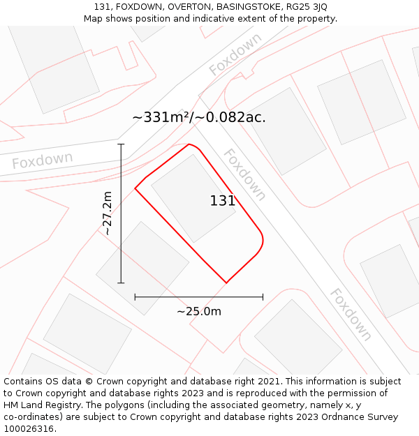 131, FOXDOWN, OVERTON, BASINGSTOKE, RG25 3JQ: Plot and title map