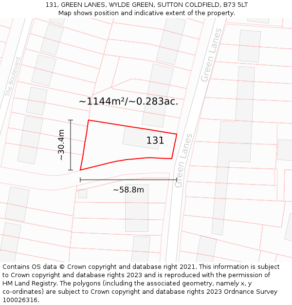 131, GREEN LANES, WYLDE GREEN, SUTTON COLDFIELD, B73 5LT: Plot and title map