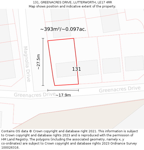 131, GREENACRES DRIVE, LUTTERWORTH, LE17 4RR: Plot and title map