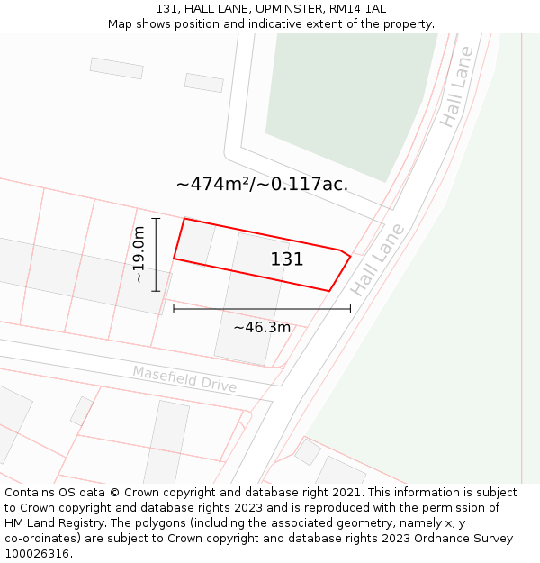 131, HALL LANE, UPMINSTER, RM14 1AL: Plot and title map