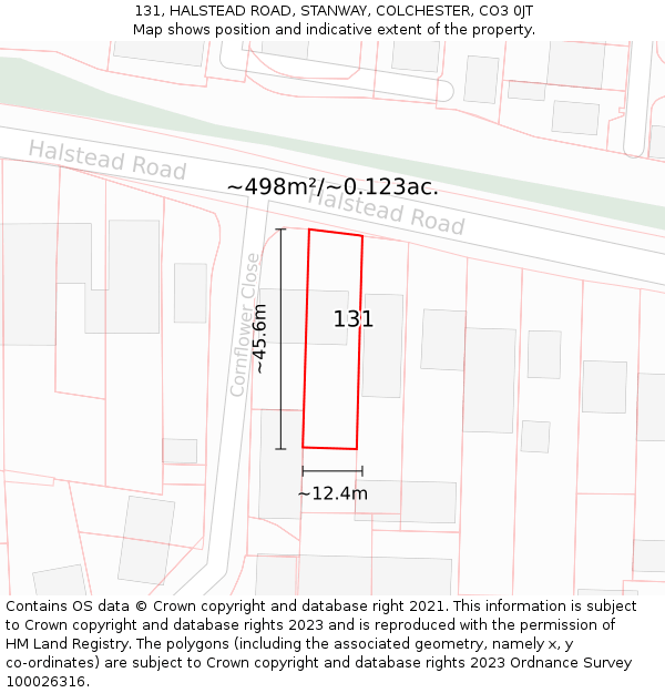 131, HALSTEAD ROAD, STANWAY, COLCHESTER, CO3 0JT: Plot and title map