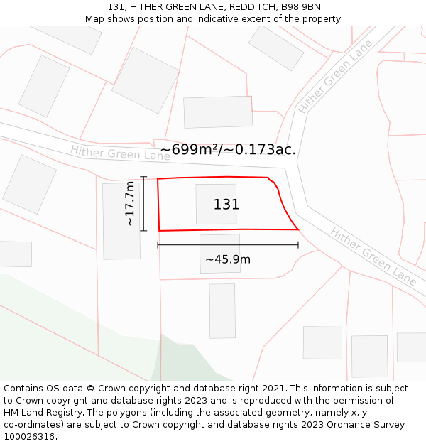 131, HITHER GREEN LANE, REDDITCH, B98 9BN: Plot and title map