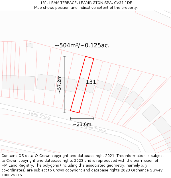 131, LEAM TERRACE, LEAMINGTON SPA, CV31 1DF: Plot and title map
