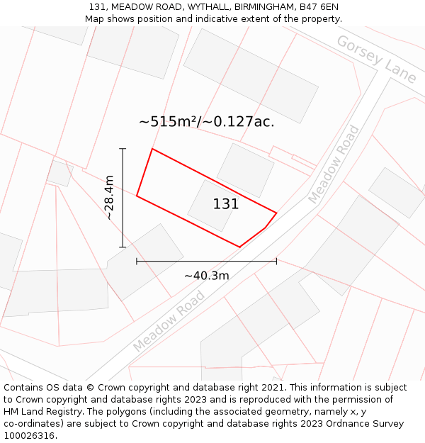 131, MEADOW ROAD, WYTHALL, BIRMINGHAM, B47 6EN: Plot and title map
