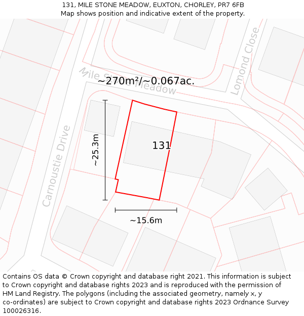 131, MILE STONE MEADOW, EUXTON, CHORLEY, PR7 6FB: Plot and title map