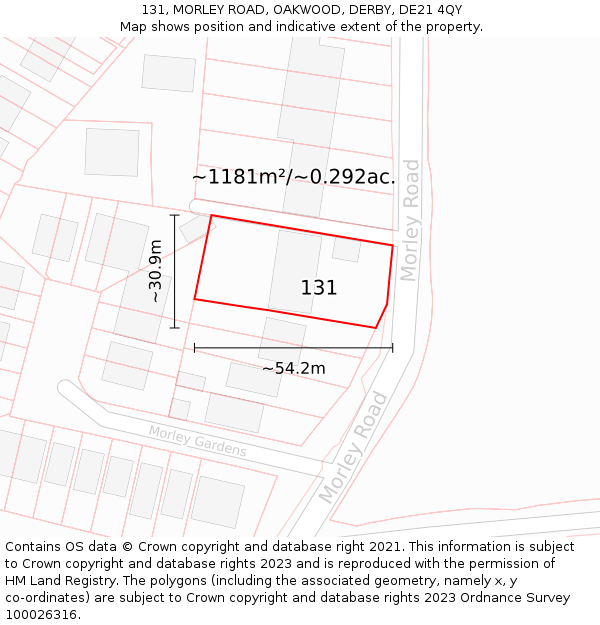 131, MORLEY ROAD, OAKWOOD, DERBY, DE21 4QY: Plot and title map