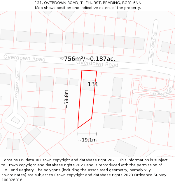 131, OVERDOWN ROAD, TILEHURST, READING, RG31 6NN: Plot and title map