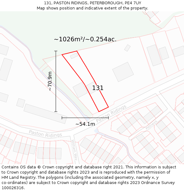 131, PASTON RIDINGS, PETERBOROUGH, PE4 7UY: Plot and title map