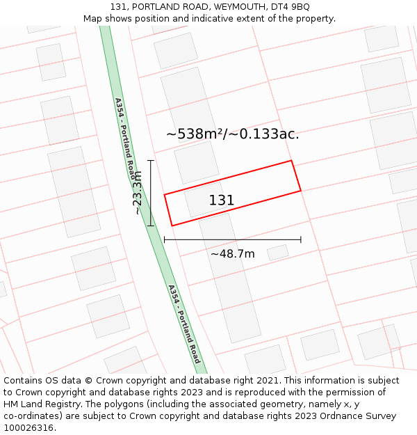 131, PORTLAND ROAD, WEYMOUTH, DT4 9BQ: Plot and title map