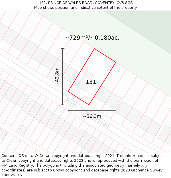 131, PRINCE OF WALES ROAD, COVENTRY, CV5 8GS: Plot and title map