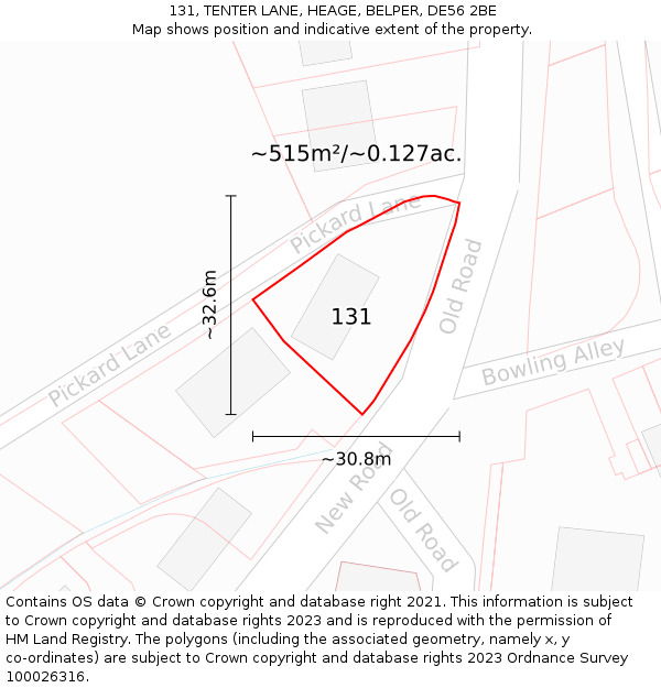 131, TENTER LANE, HEAGE, BELPER, DE56 2BE: Plot and title map